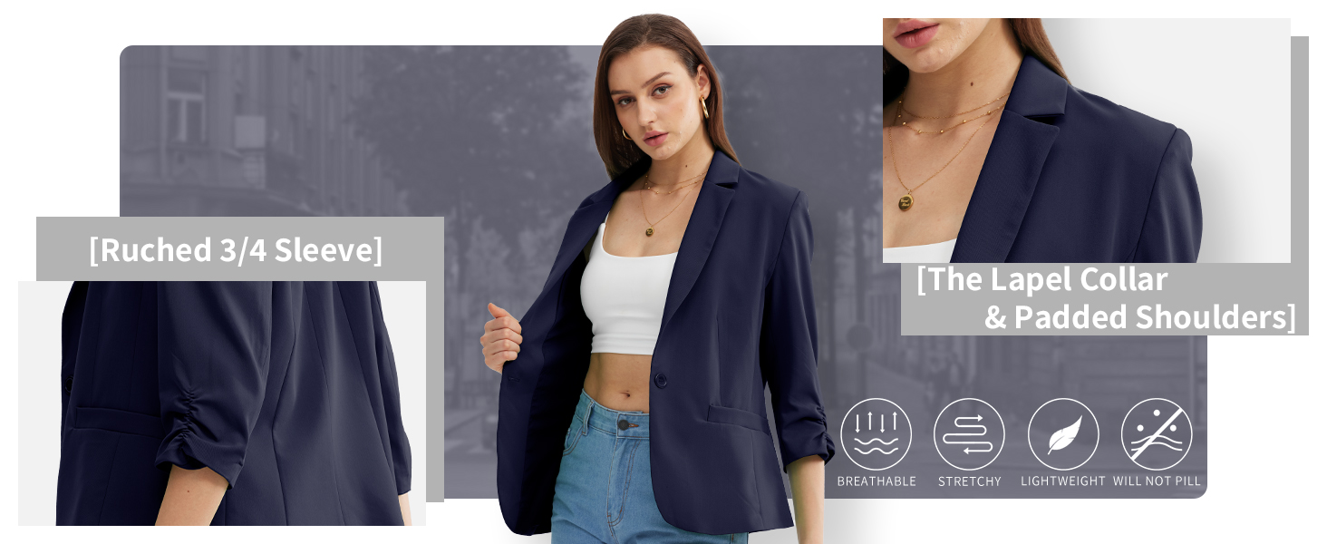 Women's Ruched 3/4 Sleeve Blazers, Lightweight Slim Fit Jackets with Padded Shoulder for Business Casual 4 womens blazer
