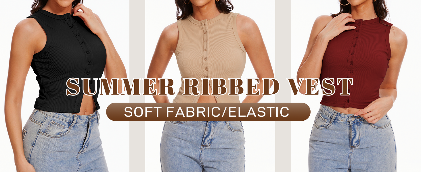 Women’s Button Down Tank Tops Ribbed Summer Vest Button Up Open Front Sleeveless Slim Fit Crop Going Out Tops 3 button down tank top