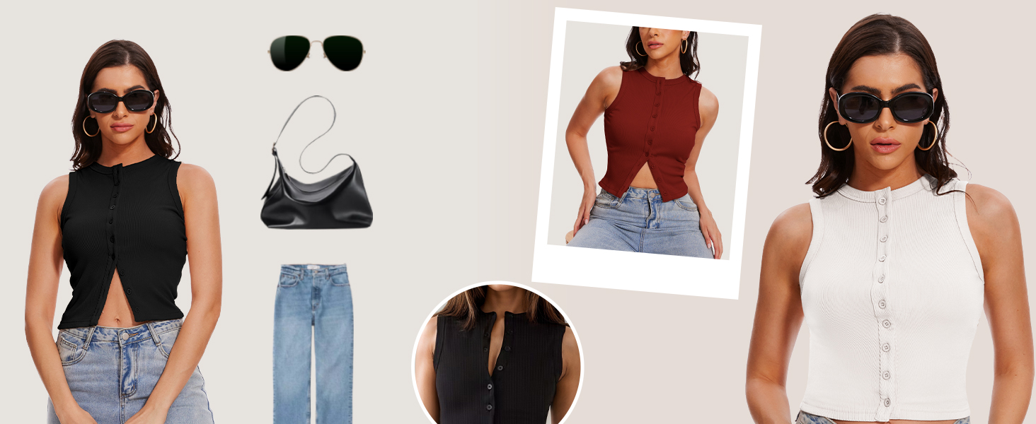 Women’s Button Down Tank Tops Ribbed Summer Vest Button Up Open Front Sleeveless Slim Fit Crop Going Out Tops 9 Womens Button Down Tank Tops