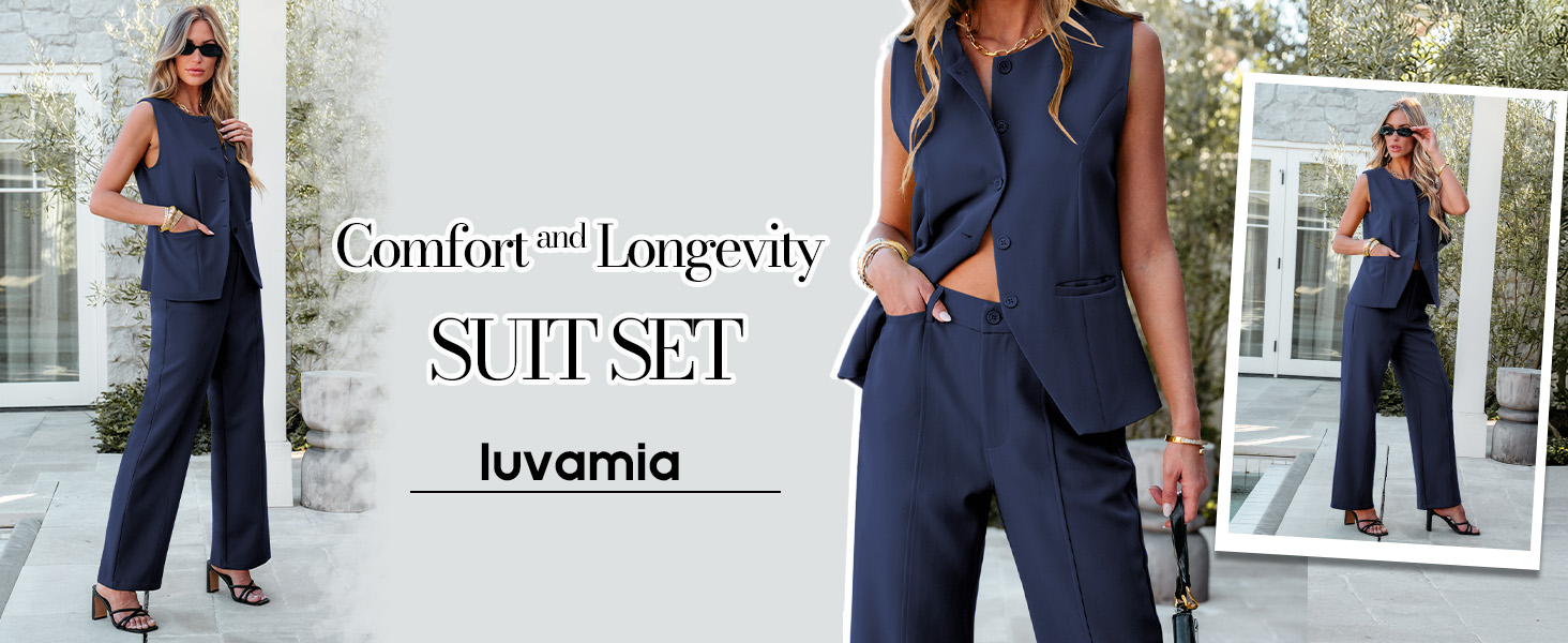 Vest Pants Suits for Women Dressy 2 Piece Business Casual Outfits Sleeveless Blazer Wide Leg Pants Pantsuit Sets 1 luvamia Two Piece Sets for Women Summer Pantsuit for Women Dressy Casual