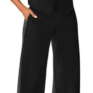 Womens Two Piece Outfits Summer Fashion Button V Neck Crop Vest Blazer and Wide Leg Pants Suit Matching Sets