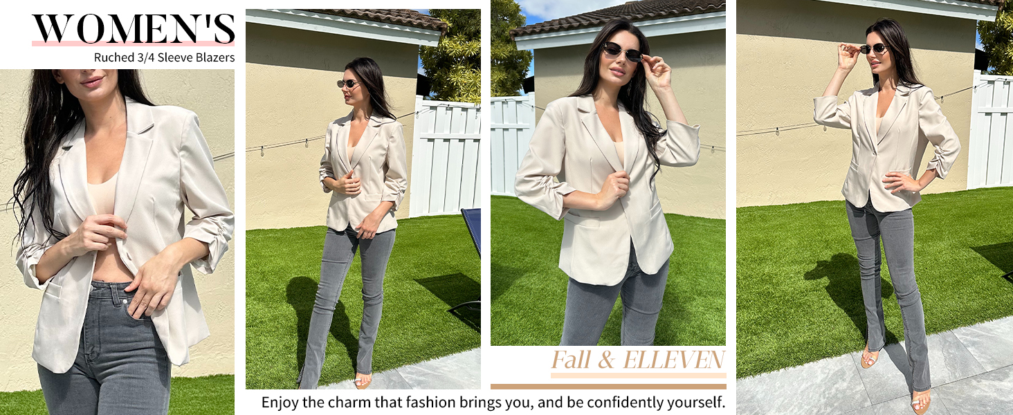 Women's Ruched 3/4 Sleeve Blazers, Lightweight Slim Fit Jackets with Padded Shoulder for Business Casual 7 womens blazer