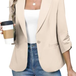 Women's Ruched 3/4 Sleeve Blazers, Lightweight Slim Fit Jackets with Padded Shoulder for Business Casual