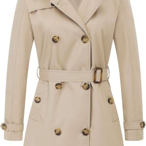 Women's Trench Coat Double-Breasted Classic Lapel Overcoat Belted Slim Outerwear Coat with Detachable Hood