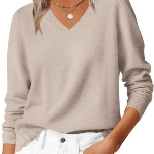 Womens Long Sleeve V Neck Sweaters 2025 Fall Casual Classic Soft Loose Fit Basic Pullover Jumper Top