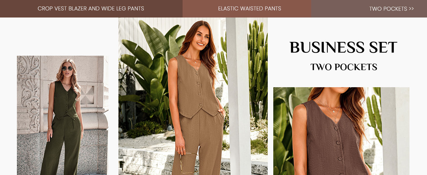 Womens Two Piece Outfits Summer Fashion Button V Neck Crop Vest Blazer and Wide Leg Pants Suit Matching Sets 3 womens work outfits business casual