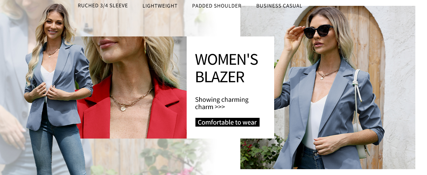 Women's Ruched 3/4 Sleeve Blazers, Lightweight Slim Fit Jackets with Padded Shoulder for Business Casual 1 womens blazer